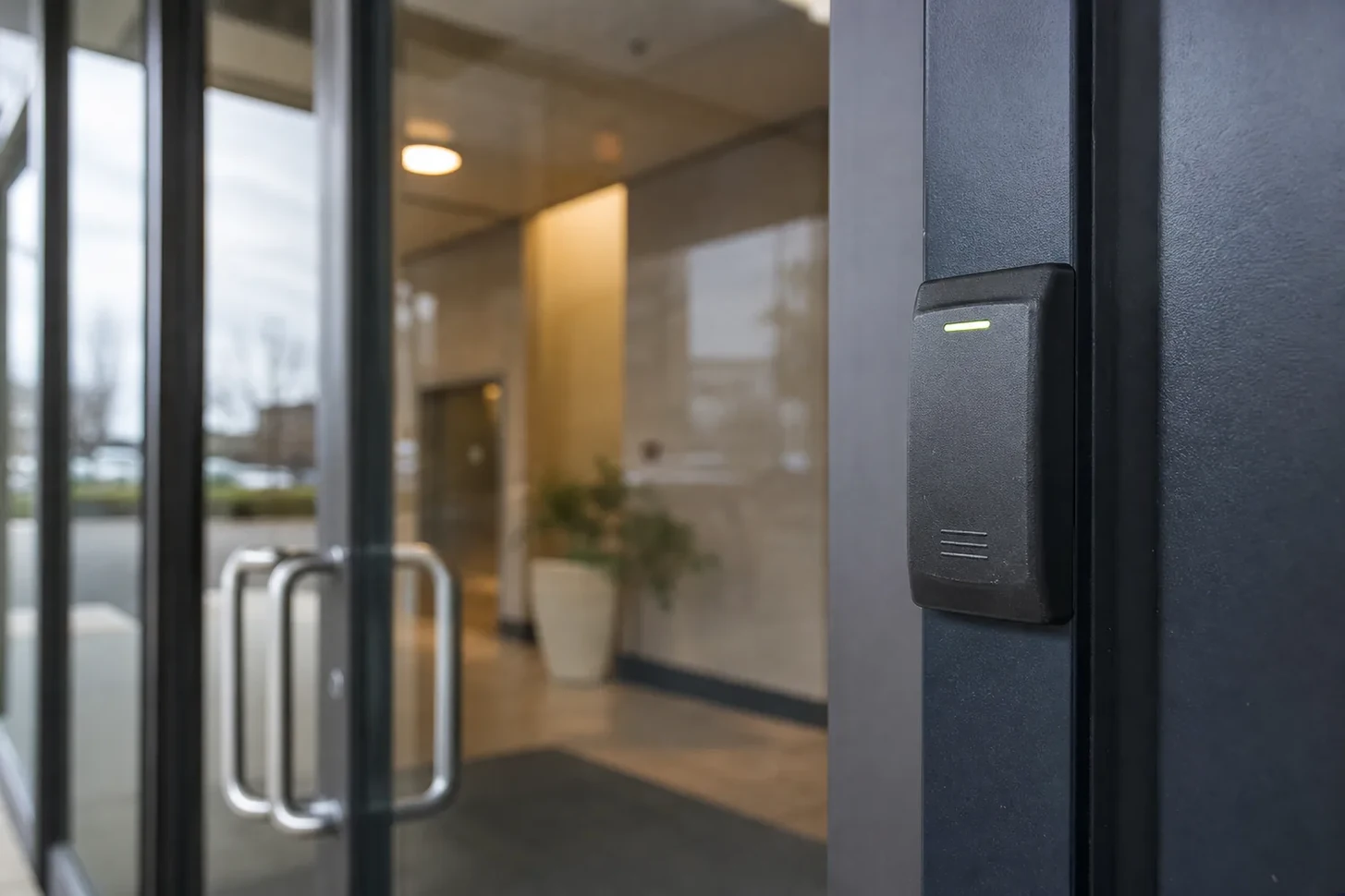 Access control card reader beside an office door