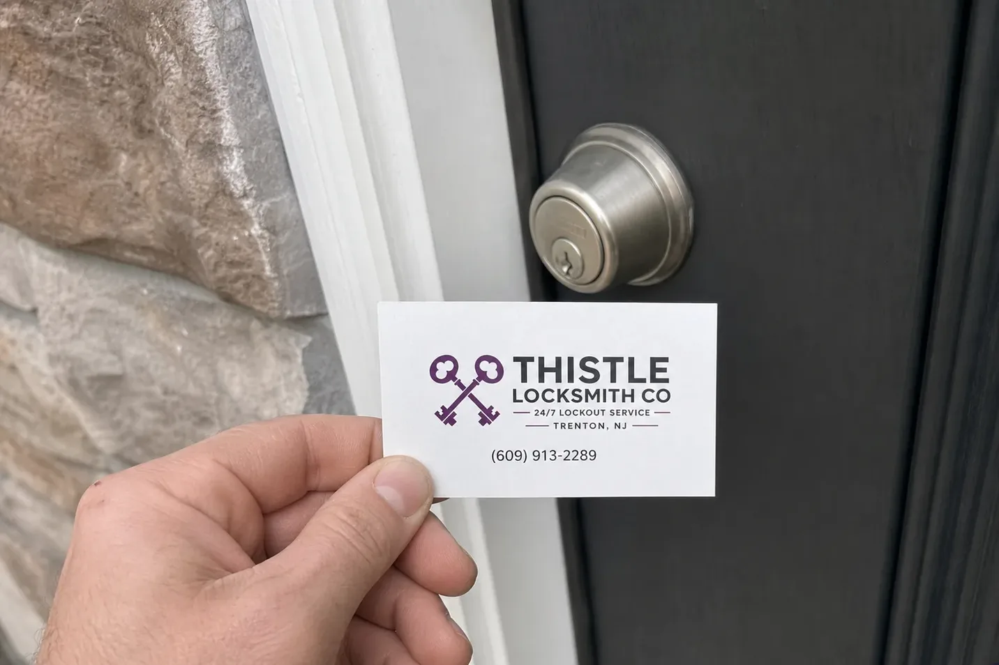 Thistle Locksmith Co card at a job in Trenton